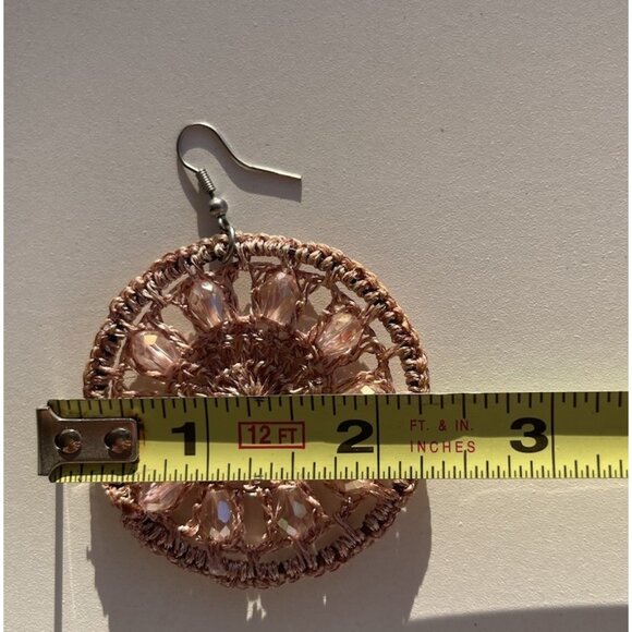 Vintage Crocheted Women’s Hook Earrings Mandela Boho Design Warm Rose Glass - Picture 6 of 11